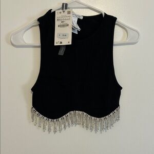 Zara Black Crop Top with Silver Fringe